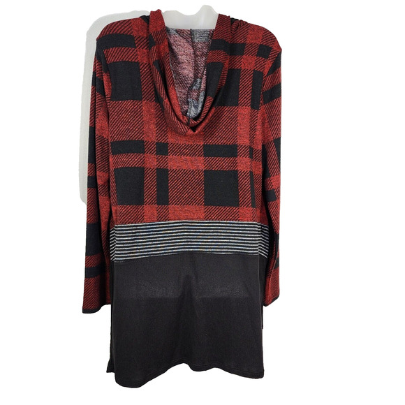 Maurices Womens Hooded Cardigan Medium Buffalo Plaid Block Drape Front Red Black - Picture 2 of 11